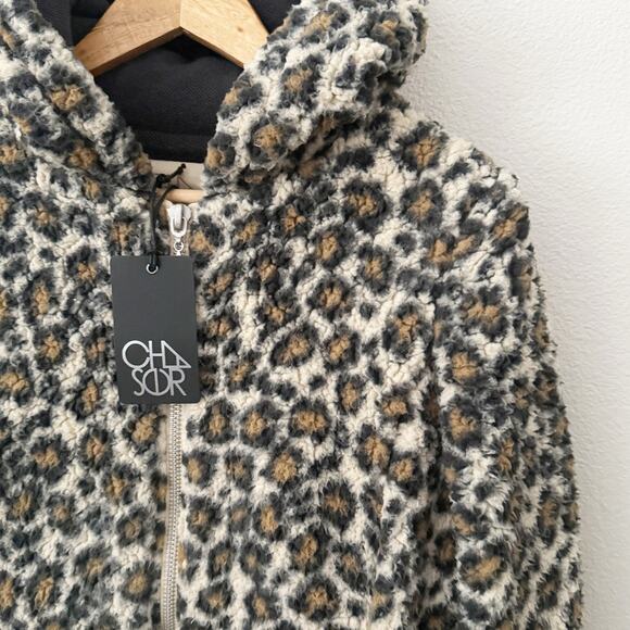 CHASER | Faux Sherpa Leopard Fur zip up Hoodie Jacket Hood Animal Print | Small - Picture 4 of 8